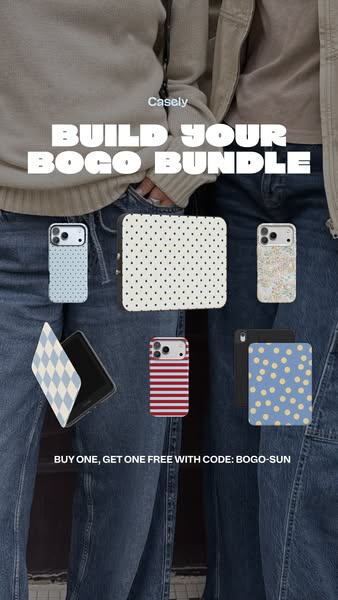 This ad for Casely features a buy-one-get-one-free deal on phone cases and accessories. The image showcases a variety of