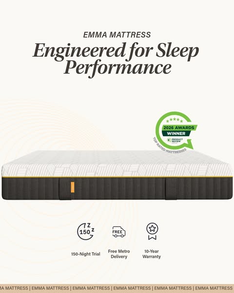 This ad for Emma Mattress highlights its sleep performance using an image of the mattress and text callouts indicating i