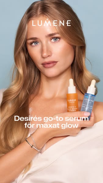 An ad for Lumene skincare serum featuring a beauty influencer sharing her go-to product. The visual focuses on the model