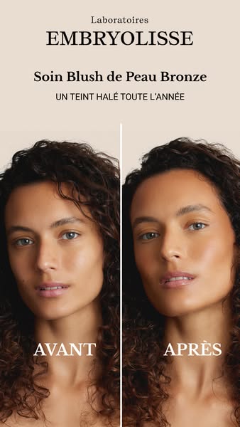 This image ad features a before and after comparison of a woman's face, demonstrating the effect of the Embryolisse 