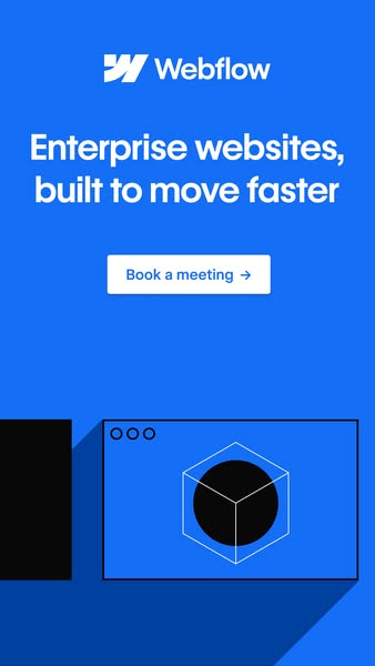 The ad showcases Webflow as a tool for creating enterprise websites that load quickly, along with a direct call to actio