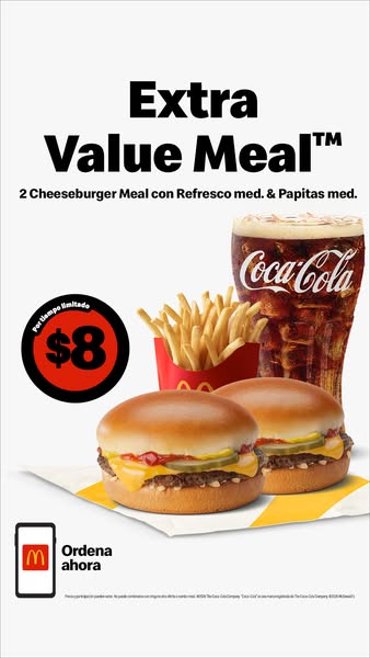 This image ad for McDonald's promotes an Extra Value Meal that includes two cheeseburgers, a medium drink, and mediu