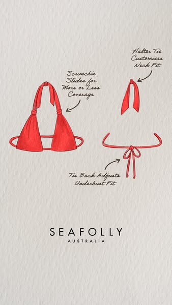 This ad for Seafolly features a hand-drawn style image of a red bikini top. The illustration points out the ways the bik