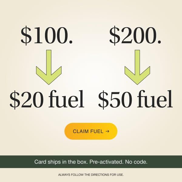 This is an image ad demonstrating that the user can turn money into fuel, and that the card ships pre-activated.