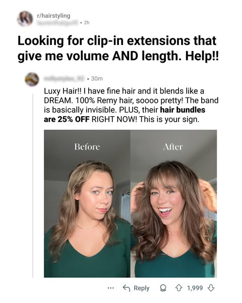 This ad from Luxy Hair features a Reddit post screenshot, advertising clip-in hair extensions with a before-and-after ph