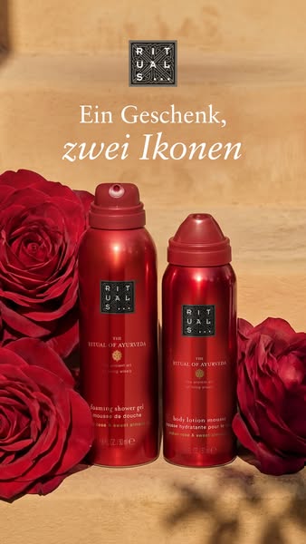 A product shot featuring two Ritual of Ayurveda products--a foaming shower gel and a body lotion mousse--flanked by red 