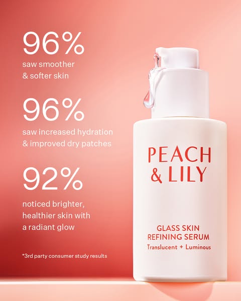 This ad for Peach & Lily's Glass Skin Refining Serum highlights its hydrating and smoothing benefits through cli