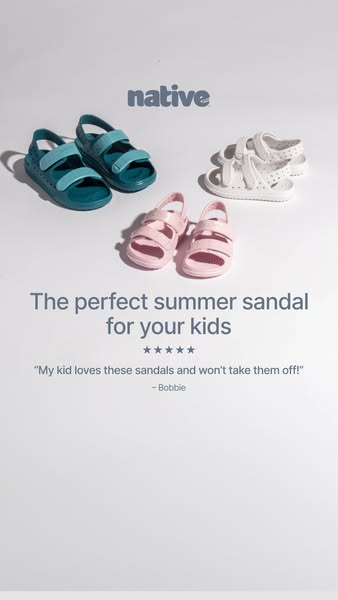 This ad showcases Native brand sandals for kids. It features multiple color options and a customer testimonial to build 