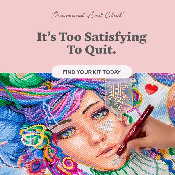 This image ad for Diamond Art Club features an in-progress diamond art project of a woman's face and encourages view