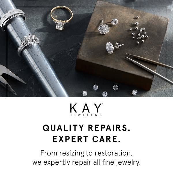 This ad for Kay Jewelers highlights their jewelry repair services. The image features a selection of fine jewelry and je