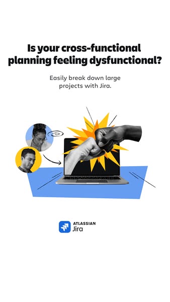 This ad for Atlassian's Jira product uses a visual metaphor of two fists bumping over a laptop to convey the message