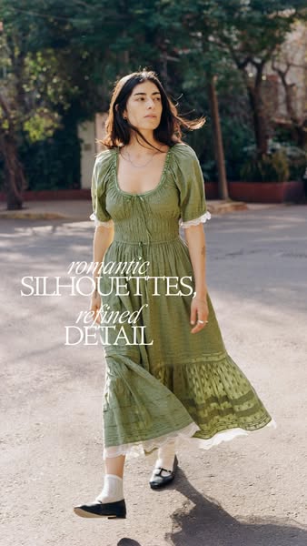 This ad features a photo of a woman wearing a green midi dress outside.
