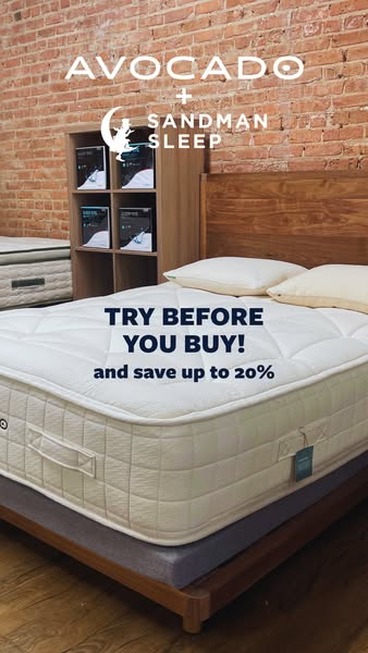 This image ad promotes Avocado mattresses, and offers the customer a chance to try before they buy and save up to 20%.