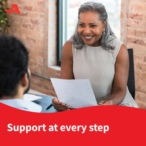 This ad shows a photo of a mature woman looking at the person she is having a meeting with. The ad promotes support at e