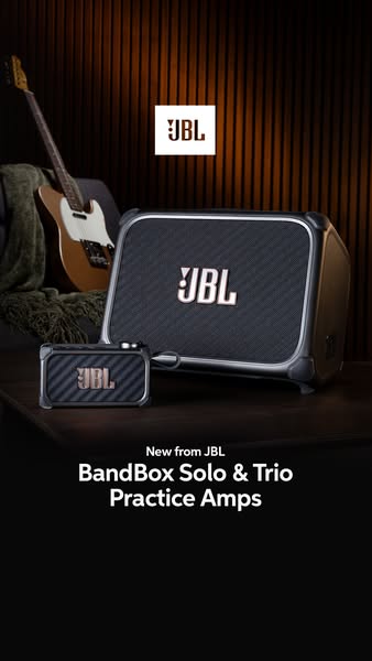 This ad shows the new JBL BandBox Solo & Trio Practice Amps. It focuses on how a musician can play music with others