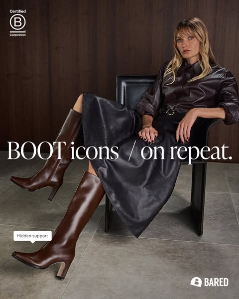 This image ad features a woman wearing Bared brand boots. The ad highlights the brand's commitment to sustainability