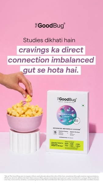 This ad features a box of GoodBug Daily Probiotics. The ad states that studies show that cravings directly connect to an