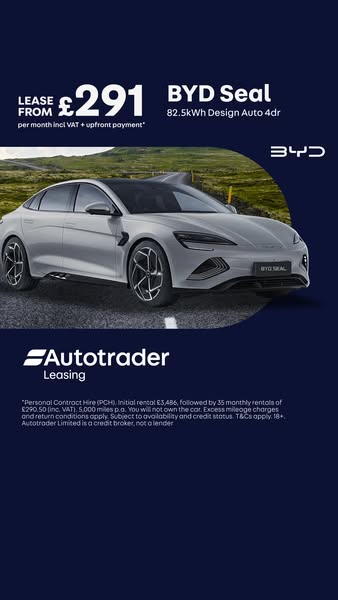 This ad is for BYD Seal motor vehicles. It displays a white 4-door BYD Seal car. The ad displays the monthly lease price