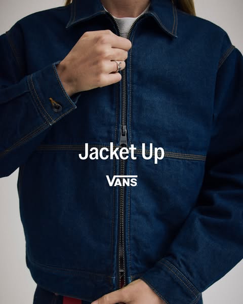This is an ad that features a photograph of someone wearing a Vans denim jacket. The words 'Jacket Up' and '