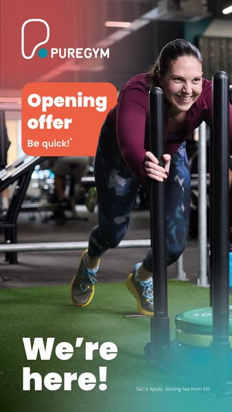 This image ad for PureGym features a woman pushing a weighted sled as part of her workout. The ad promotes an opening of