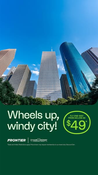 This ad for Frontier Airlines promotes one-way flights from Chicago to various destinations starting at $49. The ad feat