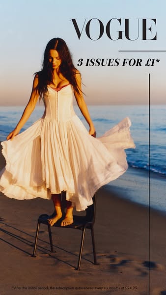 This ad promotes a subscription to Vogue magazine. It features a model standing on a chair at the beach and offers 3 iss