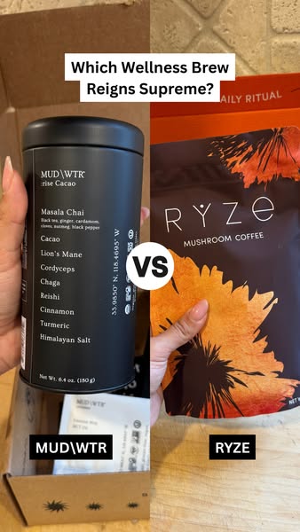 This ad compares two wellness brews, MUD\WTR and RYZE Mushroom Coffee, asking viewers to consider which reigns supreme.