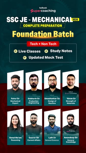 The ad showcases an online course for the SSC JE - Mechanical 2026 exam preparation with a 'Foundation Batch'. I