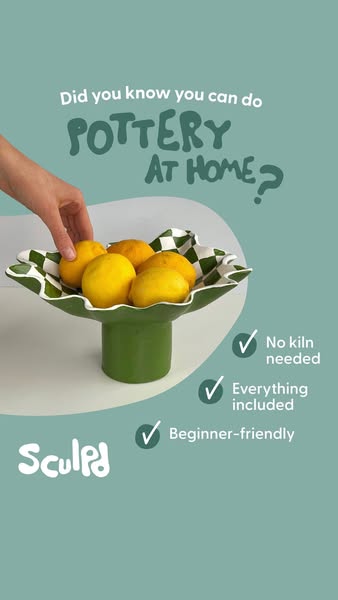 This image ad for Sculpd promotes pottery that can be done at home and states that no kiln is needed and everything is i