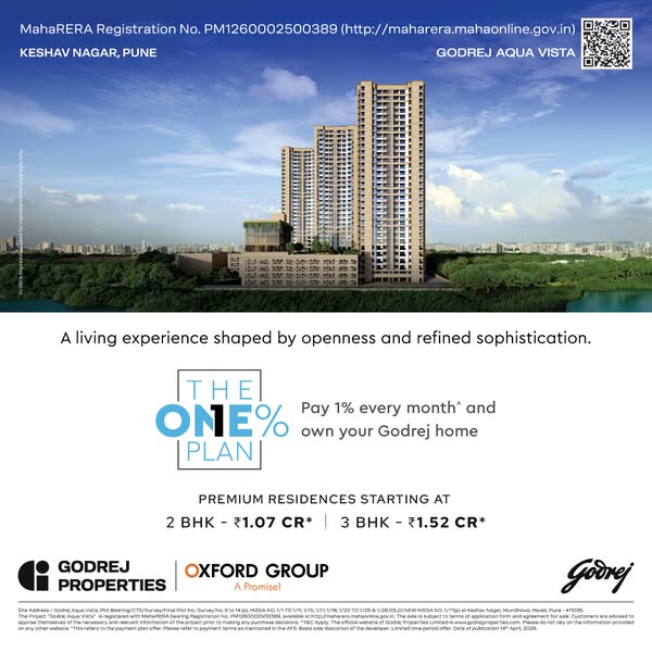 This ad is for Godrej Aqua Vista, a housing complex in Pune. It advertises a payment plan where you pay 1% every month a