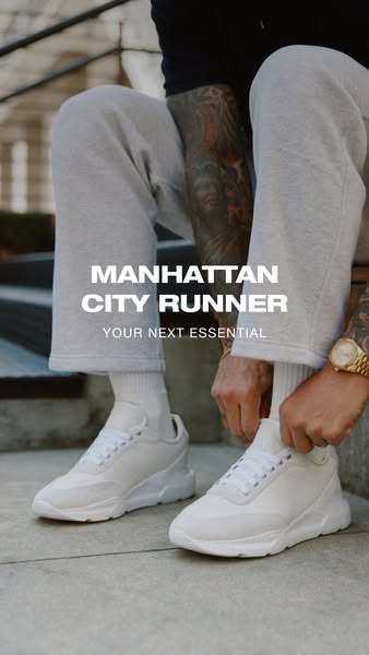 This ad showcases a pair of white sneakers with the headline, 'Manhattan City Runner. Your Next Essential.' The 