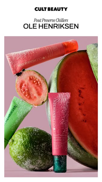 This image promotes Ole Henriksen's Pout Preserve Peptide Lip Treatment, which claims to act as chillers for the lip