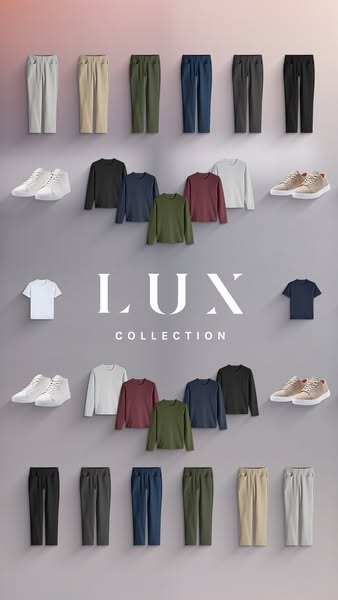 This ad showcases the brand's LUX collection, featuring a variety of clothing items and shoes arranged in a visually