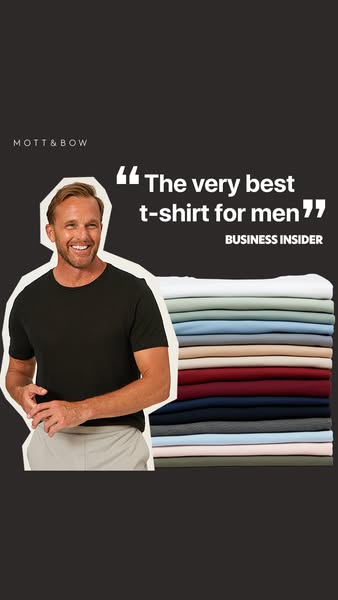 The ad features a man wearing a Mott & Bow t-shirt next to a stack of shirts. The ad also includes a quote from Busi