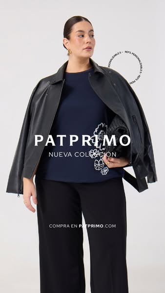 This ad for Patprimo features a woman in a dark floral shirt, black pants and a black leather jacket and bag. There is t