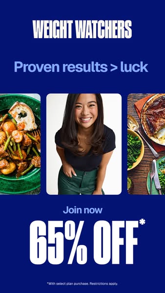 This image ad for Weight Watchers features a woman smiling in the center of the image, flanked by two images of food, an