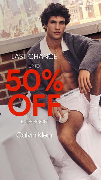 This ad features a man wearing Calvin Klein underwear while relaxing in bed with a cup. The ad promotes a limited-time o