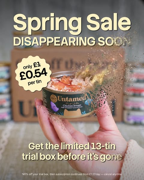 This ad is for Untamed cat food, promoting a limited-time Spring Sale offer for a 13-tin trial box.