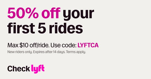 This image ad promotes a Lyft offer. New riders can get 50% off their first five rides, with a maximum discount of $10 p