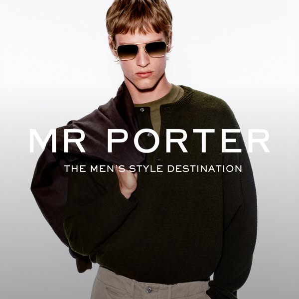 This ad features a male model wearing MR PORTER apparel. The brand is advertising that it is a destination for men's