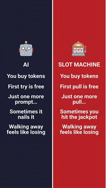 This ad compares the experience of using AI to that of using a slot machine, highlighting the addictive nature of both.