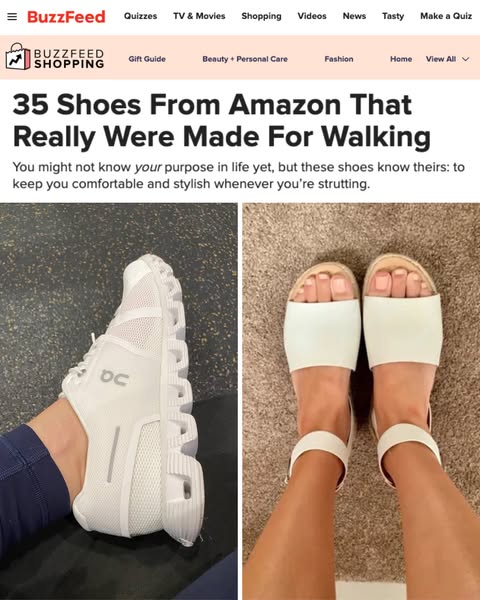This ad showcases an article from BuzzFeed titled '35 Shoes From Amazon That Were Really Made For Walking.' The 