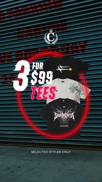 This image ad promotes a sale of 3 T-shirts for $99. The ad is set against a gritty urban backdrop and features a neon r