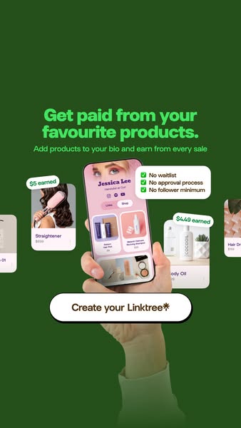 This ad promotes Linktree as a way for creators to earn money from their favorite products. It shows a mockup of Linktre
