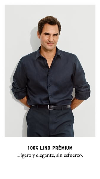 An image ad that showcases a light and elegant premium linen shirt and is being promoted by a man in a navy blue button-