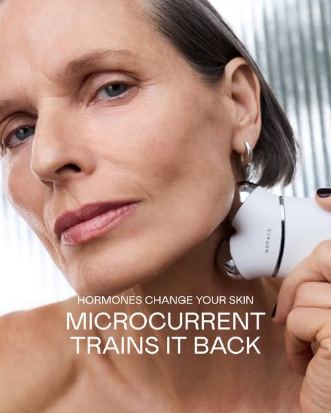 This ad features a woman demonstrating how to use the NuFace microcurrent device to improve her skin. The ad copy highli