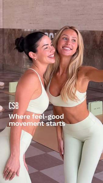 This ad features two models wearing matching activewear and shows that CSB is where feel-good movement starts.