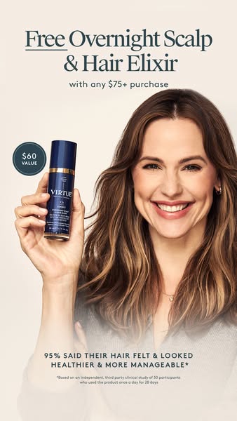 An image showcasing Jennifer Garner holding Virtue hair product with an offer for a free overnight scalp and hair elixir