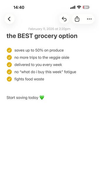 Ad for a grocery service offering savings, convenience, and reduced food waste, presented as a simple list.