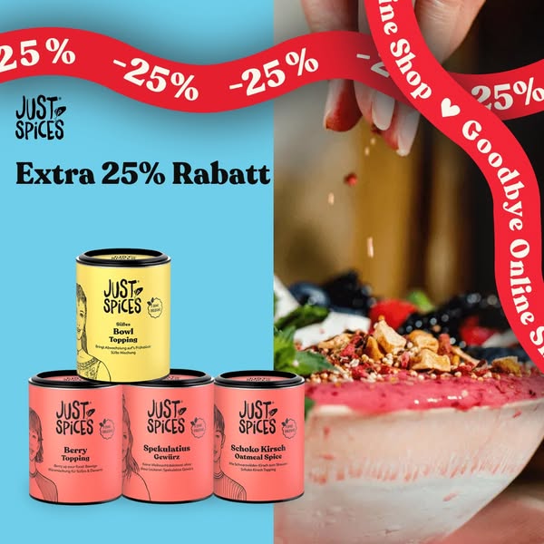 The image ad promotes Just Spices products, offering an extra 25% discount. It features multiple Just Spices containers 